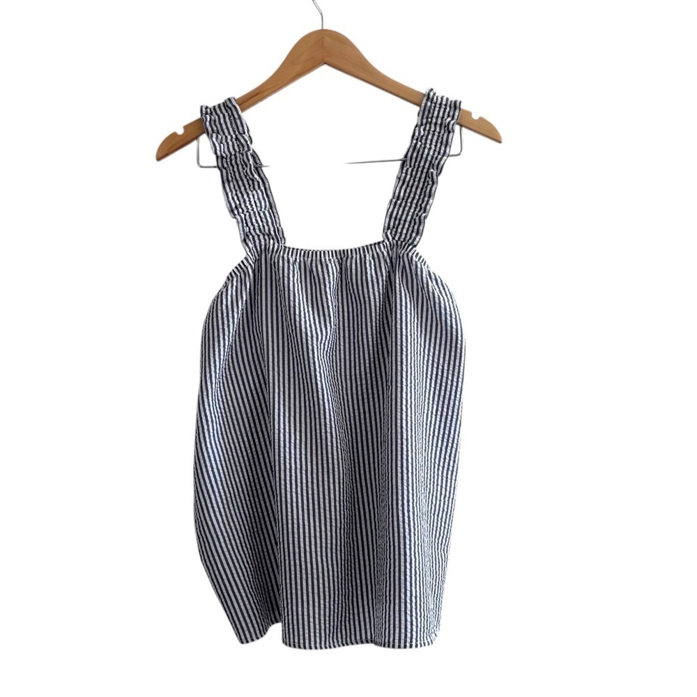 Kikit Seersucker Striped Ruffle Thick Strap Tank Top